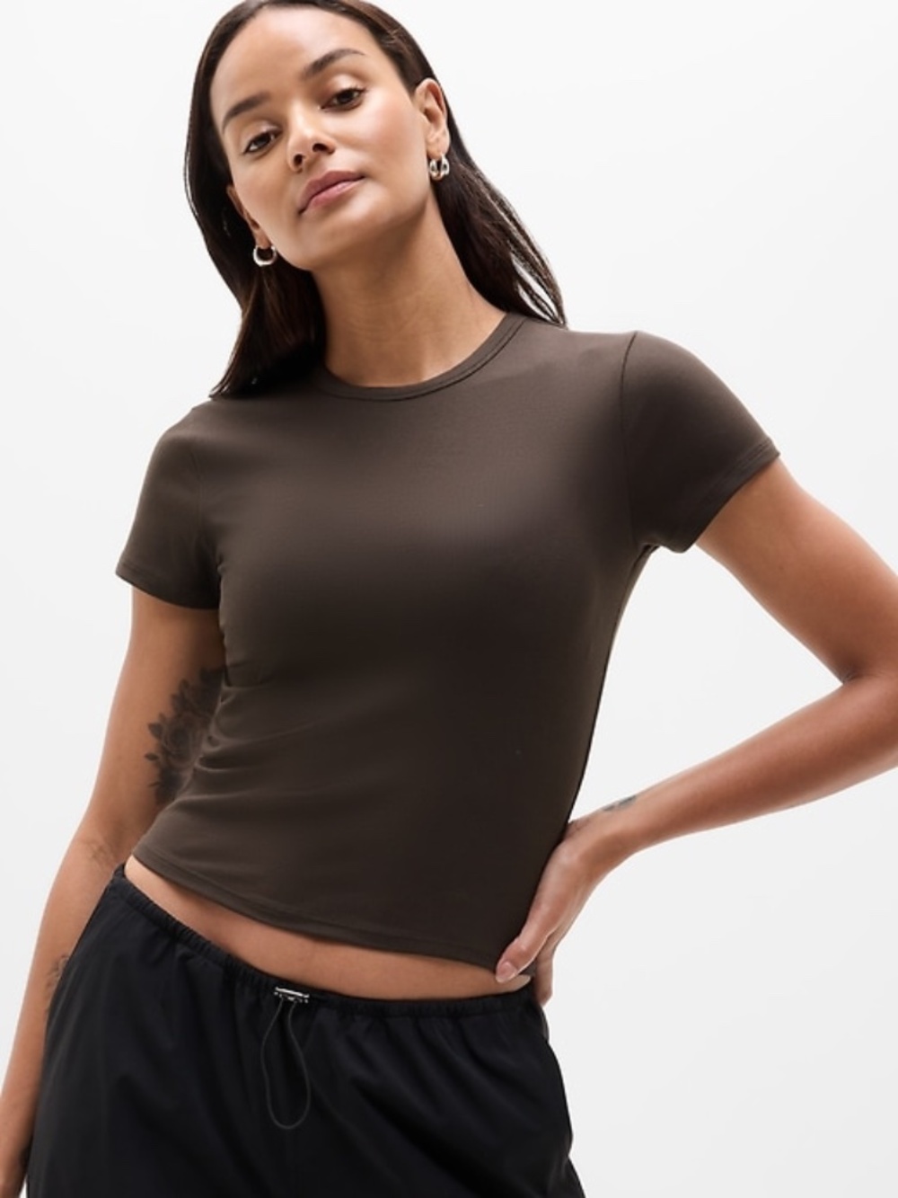 Athleta Ribbed Signature Cropped T-Shirt, Size L, Brown